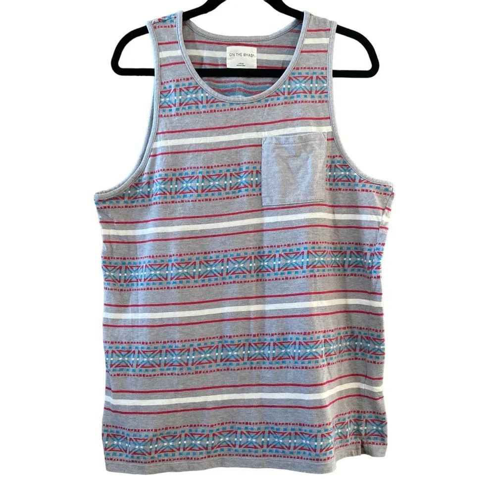 On the Byas Men’s Gray Aztec Tribal All Over Print Tank Top Spring Break-L